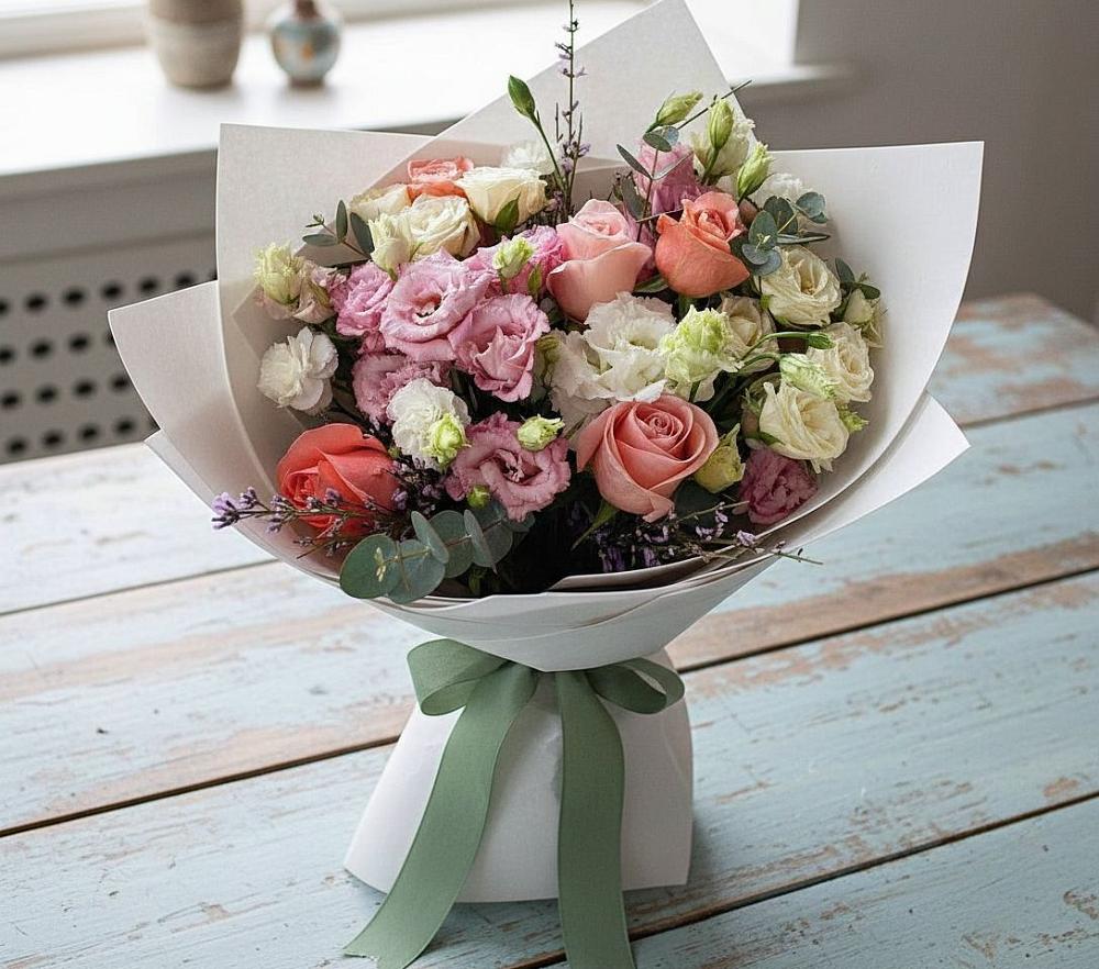 Букет цветов из: Розы, Лизиантусы и Гвоздики в Ипатово