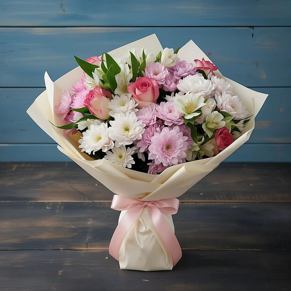 Букет цветов из: Хризантемы, Альстромерии и Розы в Ипатово